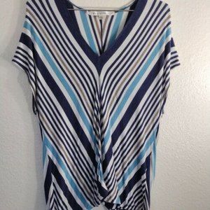 Max Studio Top Blouse Tunic SizeL Striped Cream, Blue & brown